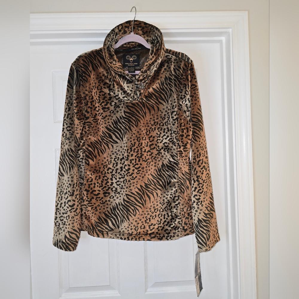 Wooly Bully Cozy Animal Print Cowl Neck Pullover - Brown